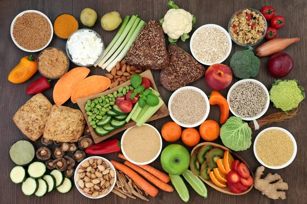 Gezondheid Voeding Voor Veganisten Met Granen Zaden Noten Pindakaas Amandel — Stockfoto