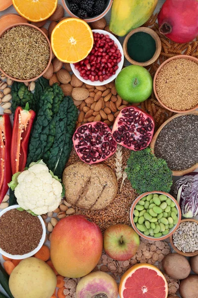 Super Alimentos Ricos Fibra Con Panecillos Integrales Frutas Verduras Pasta —  Fotos de Stock