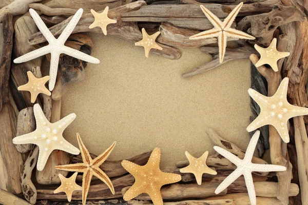 Driftwood and Starfish Seashell Abstract Background — Stock Photo, Image