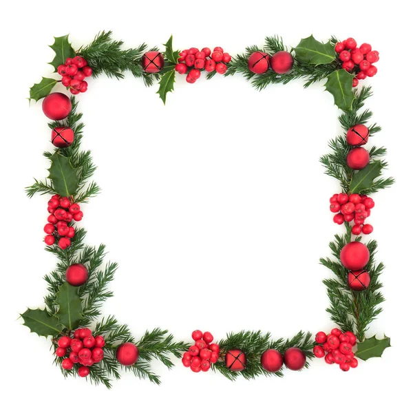 Christmas Background Border with Juniper Holly and Baubles — Stockfoto