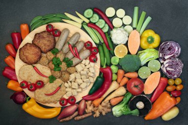 Sağlıklı vejetaryen süper gıda diyeti sağlıklı tofu eti yerine vitamin, mineral, antioksidan, lif, omega 3 & akıllı karbonhidrat içeren protein ve meyve ve sebze kullanılır. Bağışıklık sistemi gıdaları artırıyor.