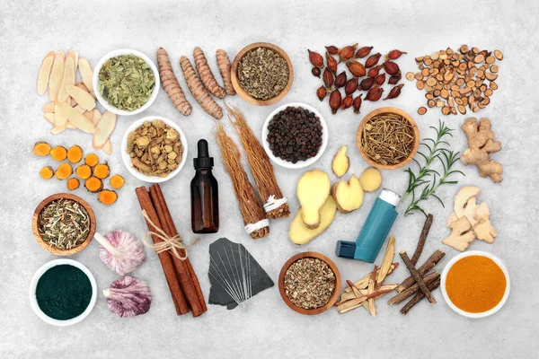 Kruiden Specerijenverzameling Met Acupunctuurnaalden Die Natuurlijke Chinese Kruidengeneeskunde Worden Gebruikt — Stockfoto