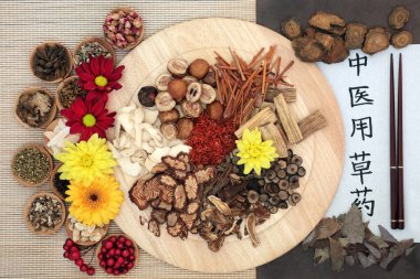 Chinese herbs with calligraphy script on rice paper with translation reading as traditional chinese herbs used in herbal medicine. clipart