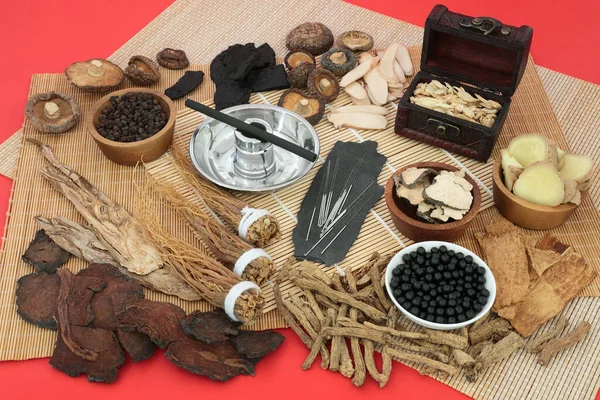 Ervas Tradicionais Chinesas Usadas Medicina Herbal Como Tônico Com Agulhas — Fotografia de Stock