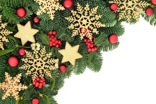 Christmas Border Snowflake Star Ball Baubles Winter Greenery White Background — Stock Photo, Image