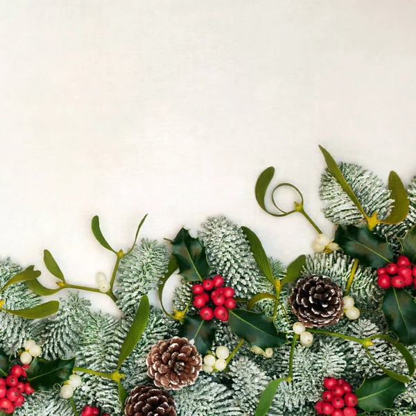 Winter solstice & Christmas border on parchment paper with snow covered fir, holly, mistletoe & pine cones. Traditional composition for Xmas & New Year holiday season. Top view, flat lay, copy space.