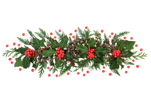 Winter Greenery Holly Loose Red Berries Cedar Cypress Leaves Ivy — Stock Photo, Image