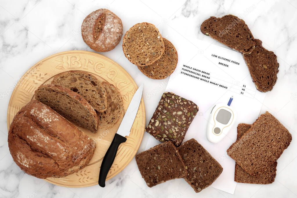 Low glycemic bread selection for diabetics with blood sugar testing monitor & Corresponding food list with values. High in antioxidants, smart carbs & omega 3 fatty acids. Below 55 on the GI index.  