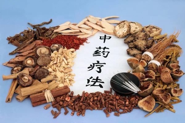 Chinesische Kräuter Mit Akupunkturnadeln Die Der Kräutermedizin Mit Kalligraphie Auf — Stockfoto