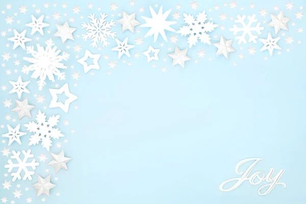 Christmas Silver Joy Sign Snowflakes Stars Pastel Blue Background Border — Stock Photo, Image