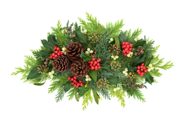 Weihnachten Winter Neujahr Dekoration Mit Stechpalme Efeu Mistel Zedernzypressenblättern Tannenzapfen — Stockfoto