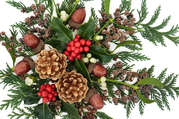 Natale Invernale Capodanno Composizione Decorativa Con Agrifoglio Vischio Cipresso Cedro — Foto Stock