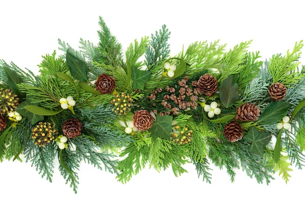 Winter Greenery Decorative Arrangement Cedar Cypress Firs Mistletoe Pine Cones — Stock Photo, Image