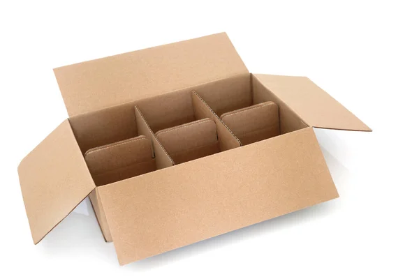 Brun Kartong Förpackning Leverans Box Med Sex Fack Vit Bakgrund — Stockfoto
