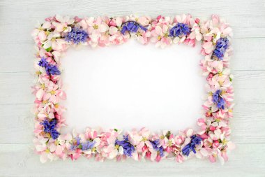 Elma çiçeği ve BlueBell kenarı kırsal ahşap zemin üzerinde merkezi beyaz kopya alanı ile.