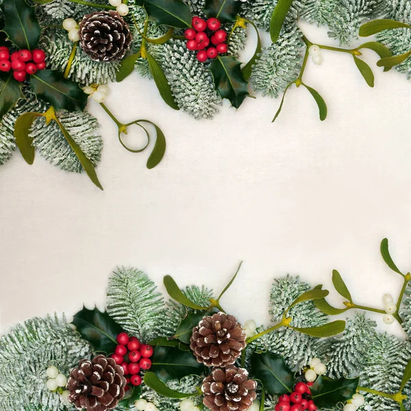 Winter Solstice Natural Greenery Border Parchment Paper Background Snow Covered — Stock Photo, Image
