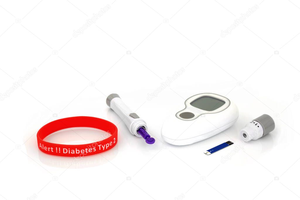 Diabetes monitoring & testing equipment kit with blood glucose monitor meter, lancing device, tester strip & type 2 diabetes alert rubber wristband in red. On white background.
