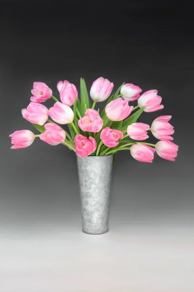 Wiosna Różowy Tulipan Kwiat Układ Metalowym Wazonie Gradientowym Czarnym Białym — Zdjęcie stockowe