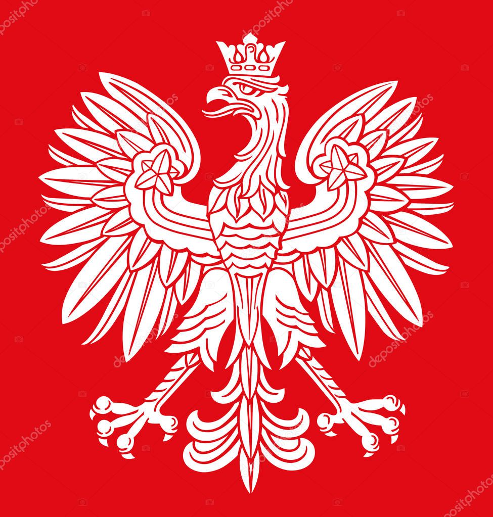 Poland eagle in white and red colors, as patriotic background, vector national emblem.