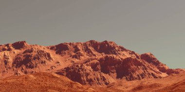 Mars manzarası, 3 boyutlu hayali Mars gezegen arazisi, bilim kurgu illüstrasyonu.