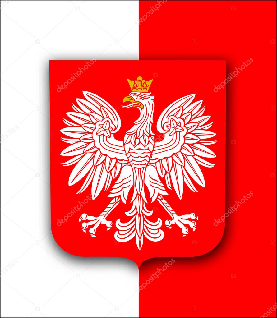 Poland flag with white royal eagle, coat of arms of Poland, vector patriotic background