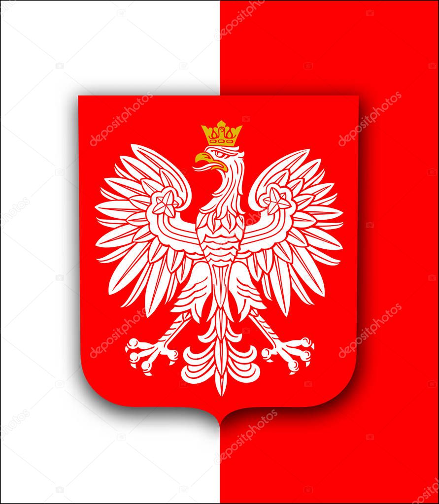 Poland flag with white royal eagle, coat of arms of Poland, vector patriotic background