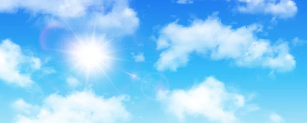 Ουρανό Ηλιόλουστο Φόντο Μπλε Λευκά Σύννεφα Και Ήλιο Εικονογράφηση Διάνυσμα — Διανυσματικό Αρχείο