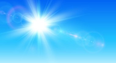 Güneşli arka plan, mavi gökyüzü güneş ve lens flare, vektör çizim ile.