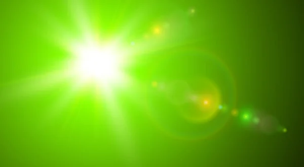 Groene Zonnige Achtergrond Zon Met Lens Flare Vector Zomer Ontwerp — Stockvector