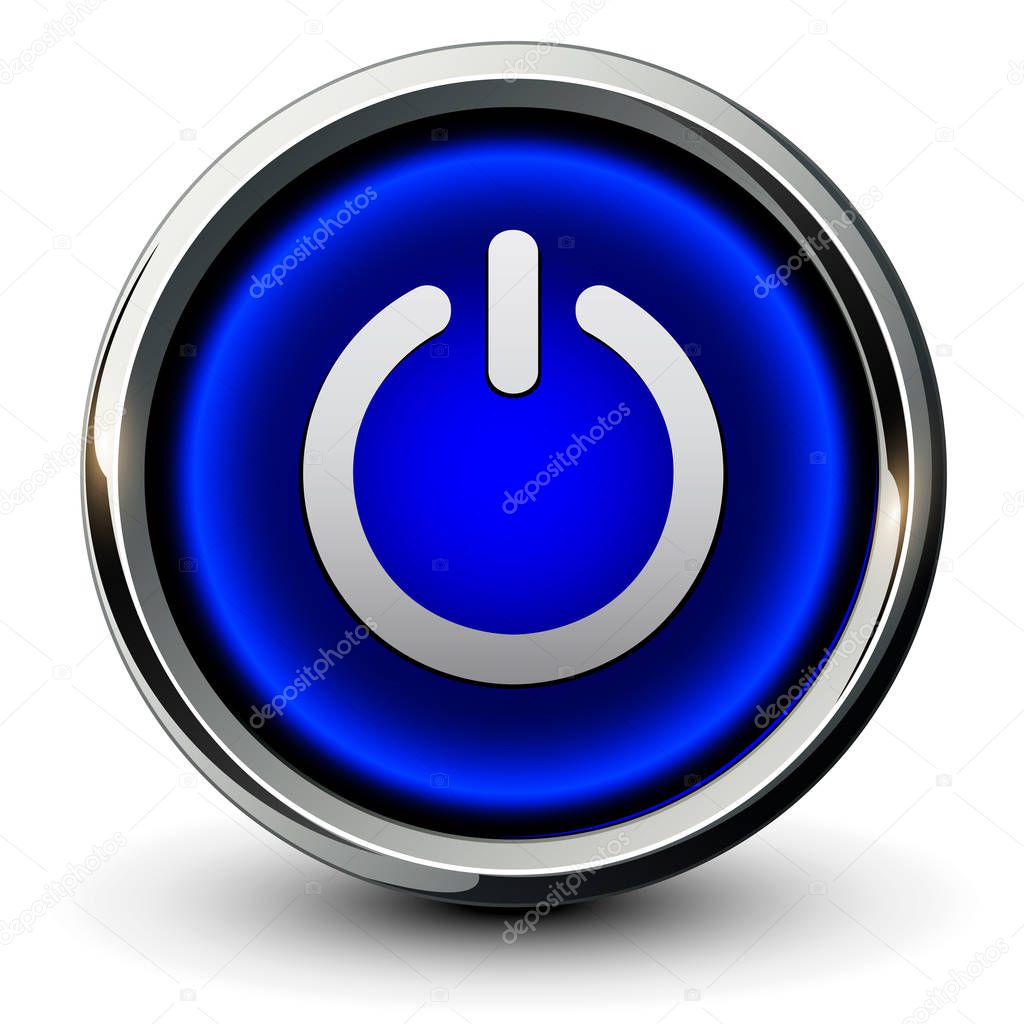 Power buttons metallic blue, 3D vector icon.