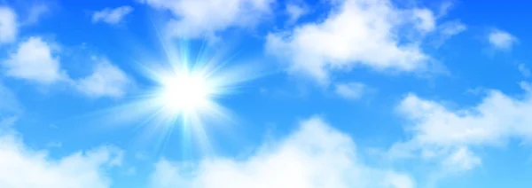 Güneşli Arka Plan Mavi Gökyüzü Beyaz Bulutlar Güneş Vektör Çizim — Stok Vektör