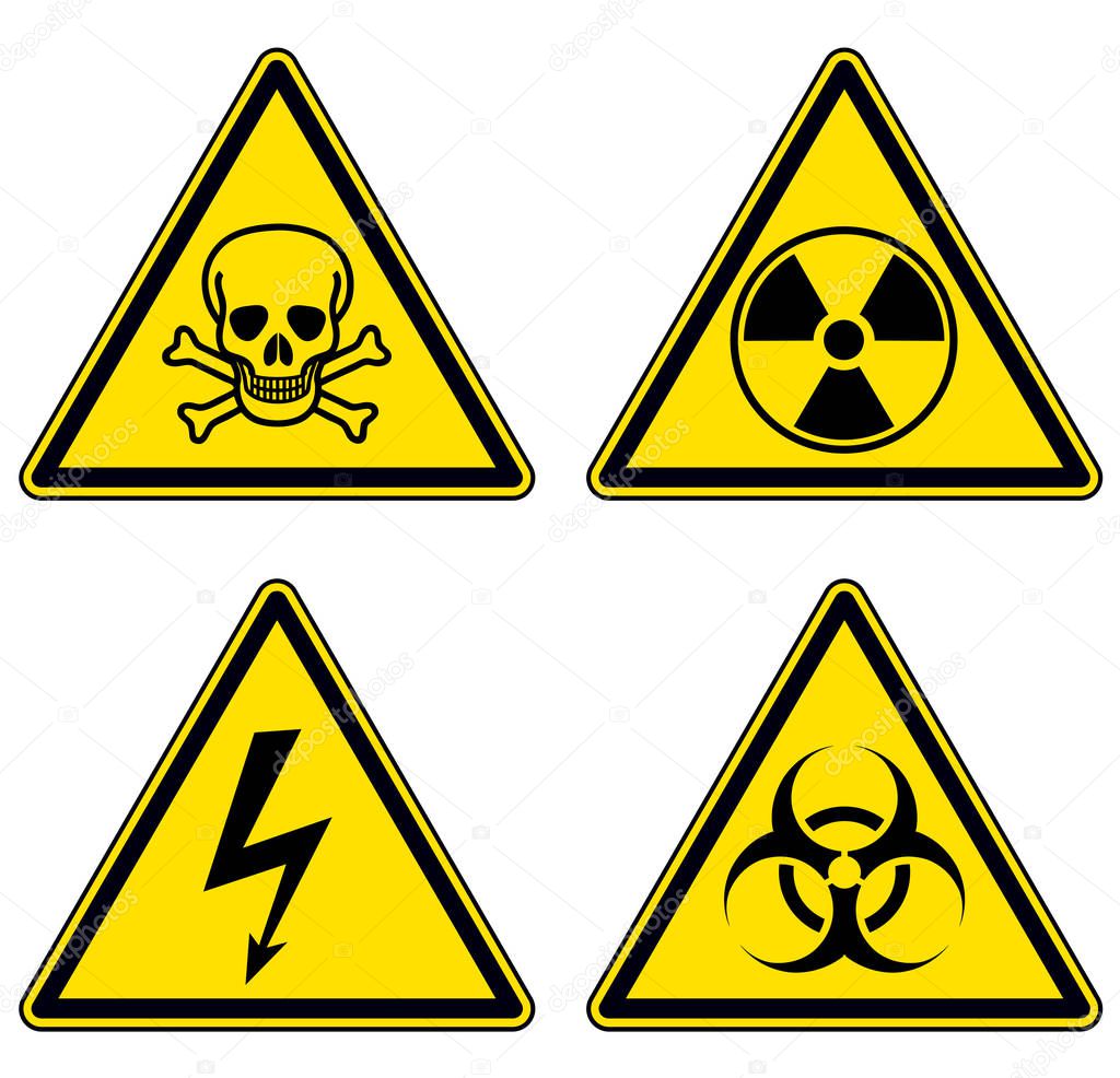 Danger and warning signs set, emergency vector symbols.