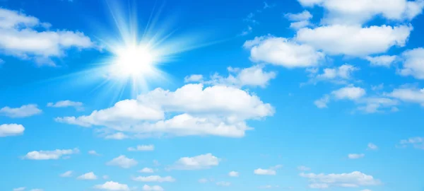 Sunny background, blue sky with white clouds and sun