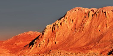Mars manzarası, 3 boyutlu hayali Mars gezegen arazisi, bilim kurgu illüstrasyonu.