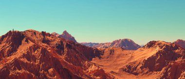 Mars manzarası, 3 boyutlu hayali Mars gezegen arazisi, bilim kurgu illüstrasyonu.