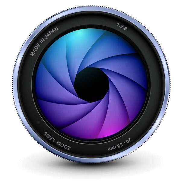 Camera photo lens with shutter, vector icon.