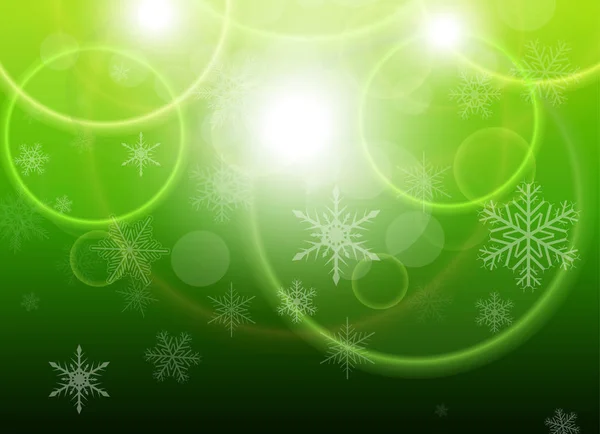Kerstmis Achtergrond Met Sneeuwvlokken Groene Lichten Sneeuw Achtergrond Vectorillustratie — Stockvector