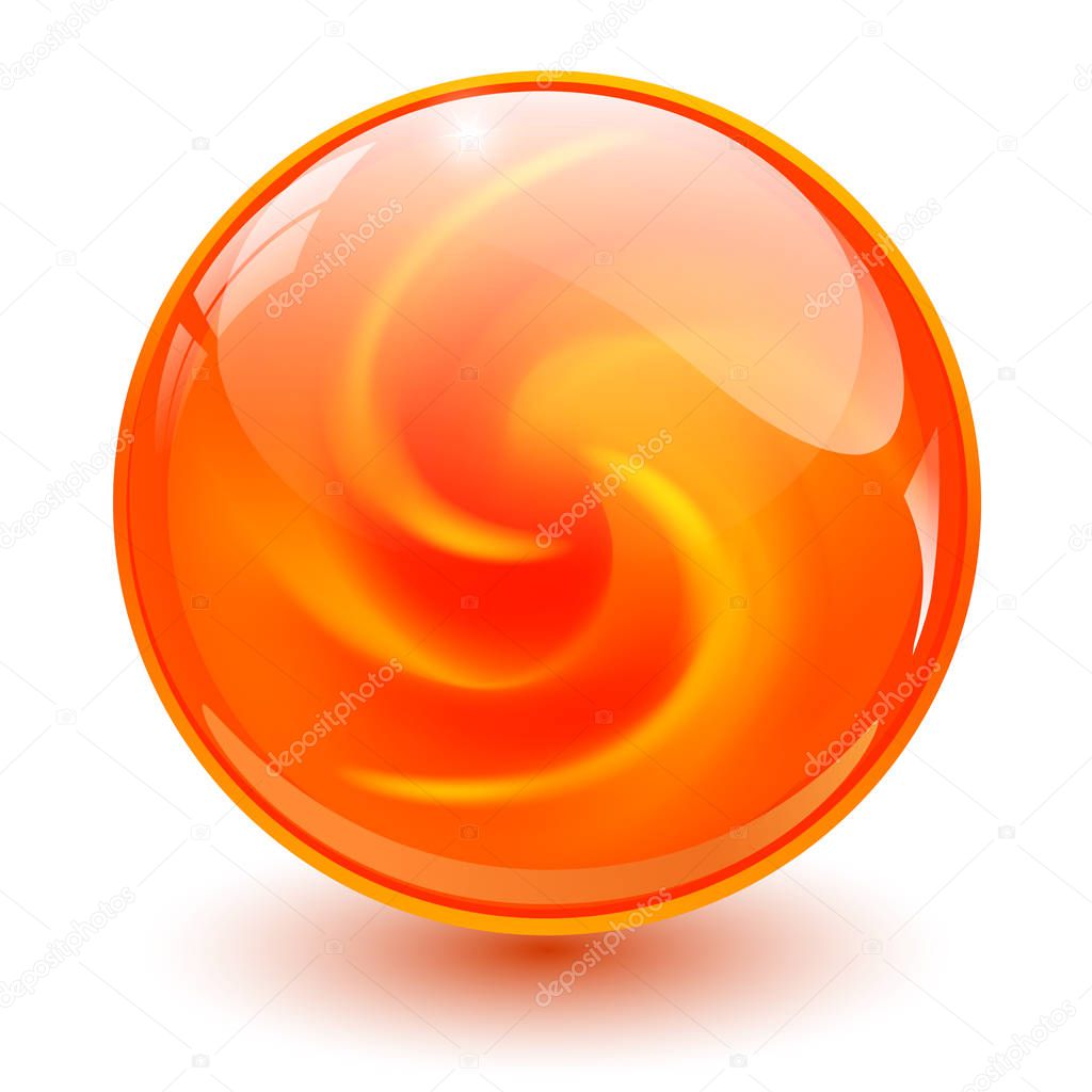 Orange glass sphere, 3D marble ball, vector illustration.