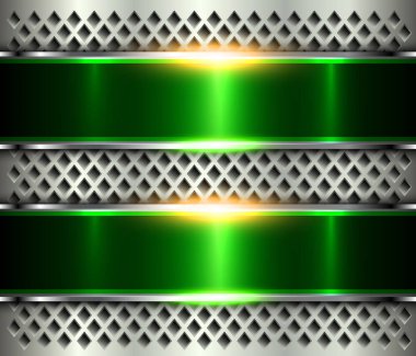 Çelik doku üzerinde delikler desen, cilalı Gümüş Metalik arka plan yeşil afiş tasarım vektör.