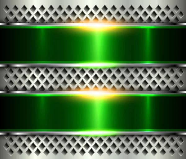 Çelik doku üzerinde delikler desen, cilalı Gümüş Metalik arka plan yeşil afiş tasarım vektör.