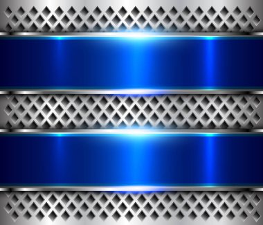 Çelik doku üzerinde delikler desen, cilalı Gümüş Metalik arka plan mavi afiş tasarım vektör.