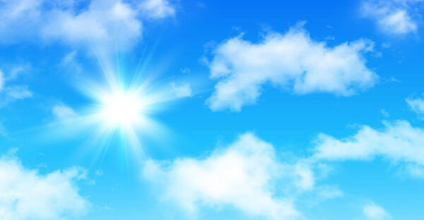 Sunny background, blue sky with white clouds and sun, vector illustration.
