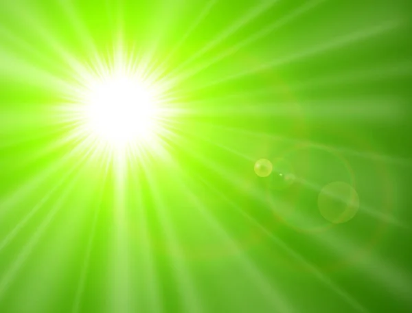 Groene Zonnige Achtergrond Zon Met Lens Flare Vector Zomer Ontwerp — Stockvector