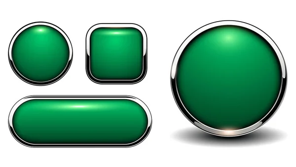 Блестящие Зеленые Кнопки Металлическими Хромированными Элементами Векторная Иллюстрация — стоковый вектор