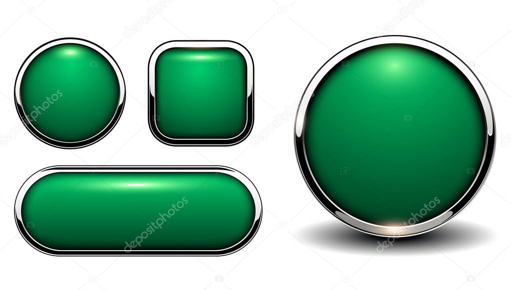 Glossy buttons green with metallic chrome elements, vector illustration.