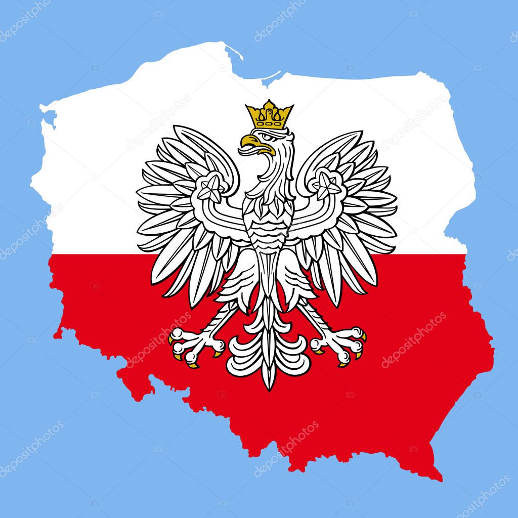 Poland map with eagle and white red polish flag, vector national emblem.
