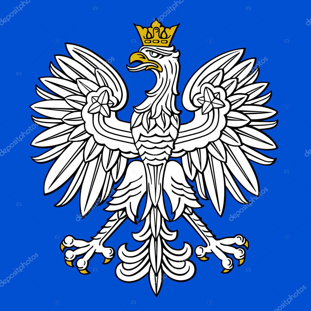 Poland eagle, polish national coat of arm on blue background, vector illustration.