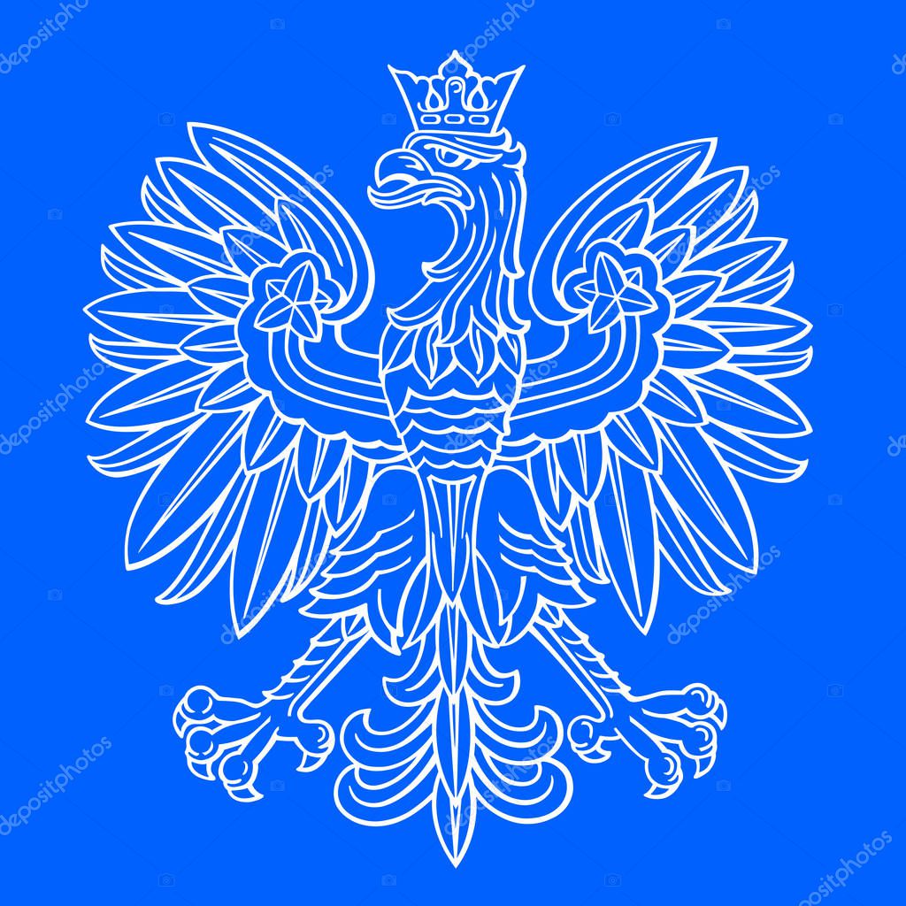 Poland eagle, polish national coat of arm on blue background, vector illustration.