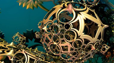 Soyut arkaplan 3D, fantastik altın küreler, ilginç sualtı görüntüleme. 