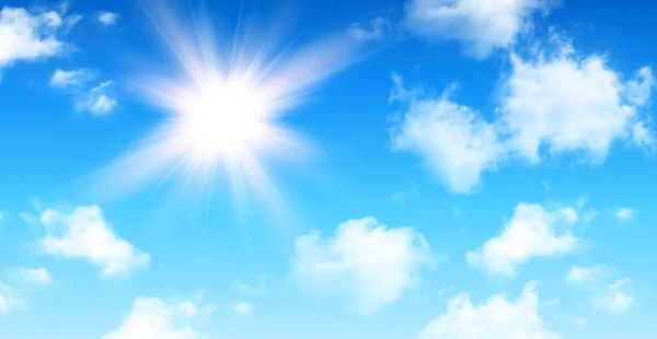 Fondo Soleado Cielo Azul Con Nubes Cúmulos Blancos Sol Deslumbrante — Vector de stock